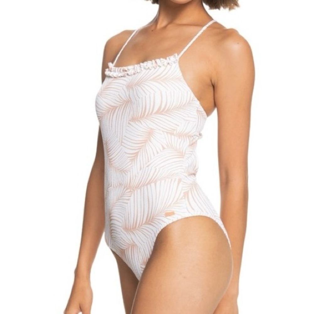 ROXY Palm Tree Dreams One-Piece Swimsuit M Open Back Tropical Ruffle Square Neck
